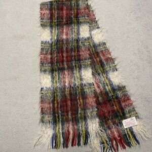 Vintage Tweedvale Rectangle Scarf Mohair Wool Blend Colorful Plaid Fringe 50"x9"